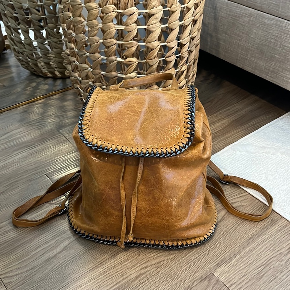 NWT Sofia Cognac Italian Leather Chain Detail Backpack